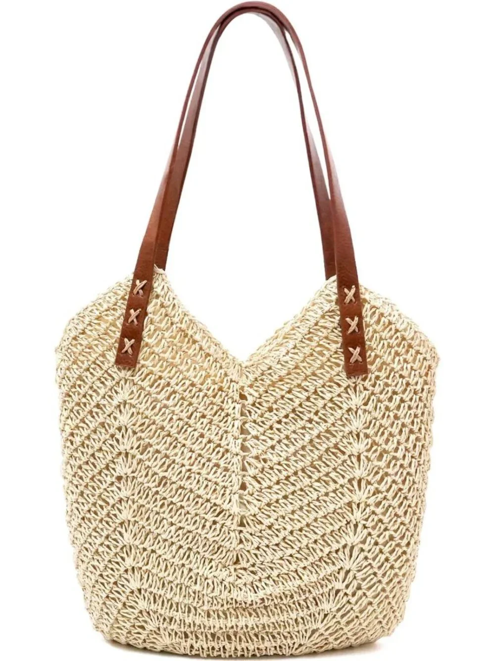 Large Woven Straw Beach Tote Bag with Zipper - Summer Travel Shoulder Bag